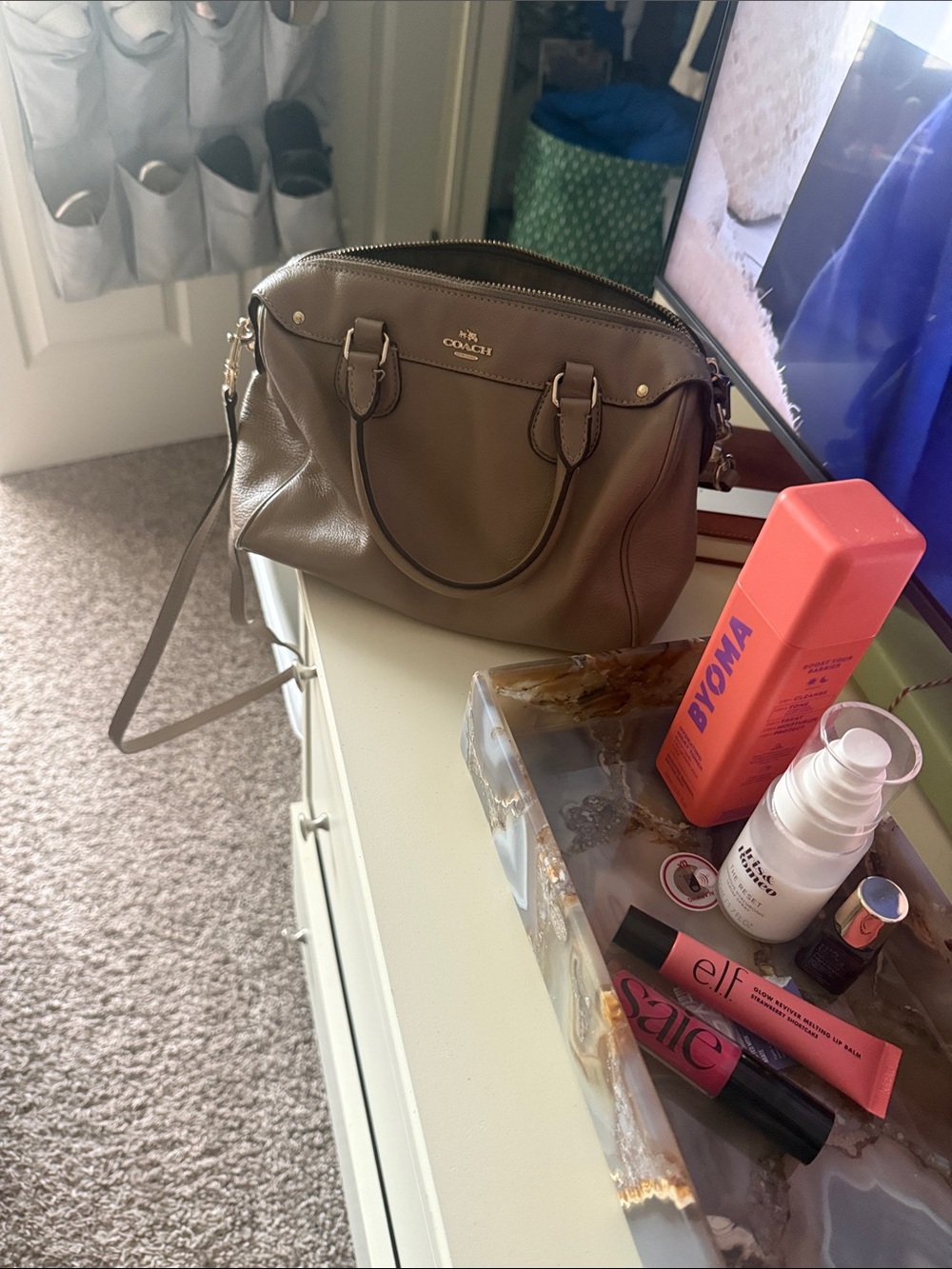 Coach Taupe Brown Pebbled Leather Satchel with Gold Hardware